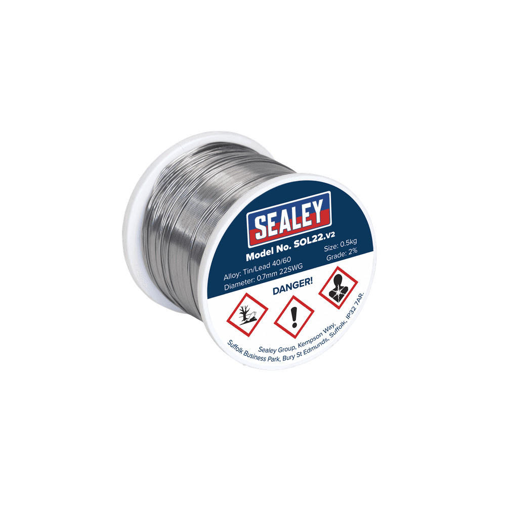 Sealey SOL22 Quick Flow Solder Wire 2% 0.7mm/22SWG 0.5kg Reel