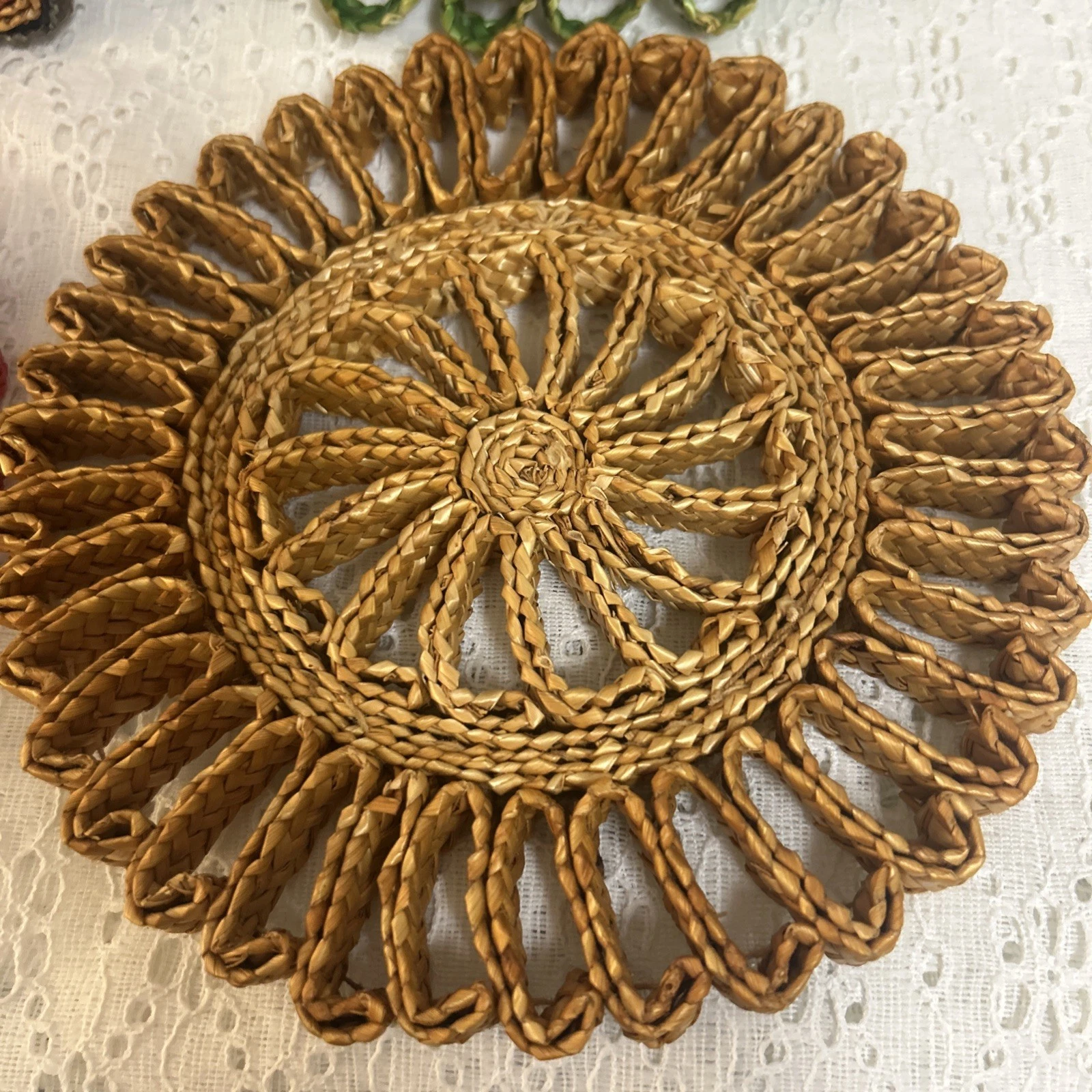 Vintage Hand Woven Straw Colorful Hot Pads Trivets Set Of 4 MCM 1970s Boho Retro image 6