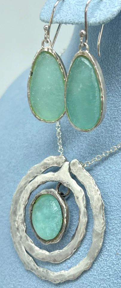 Collar/Pendientes Vintage Diseñador Plata 925 Espuma de Mar Verde Vidrio de Mar Foto 3 de 4
