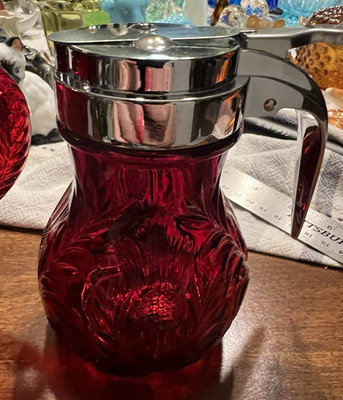 Mosser Red Thistle Rose Glass sugar bowl and syrup containers. 