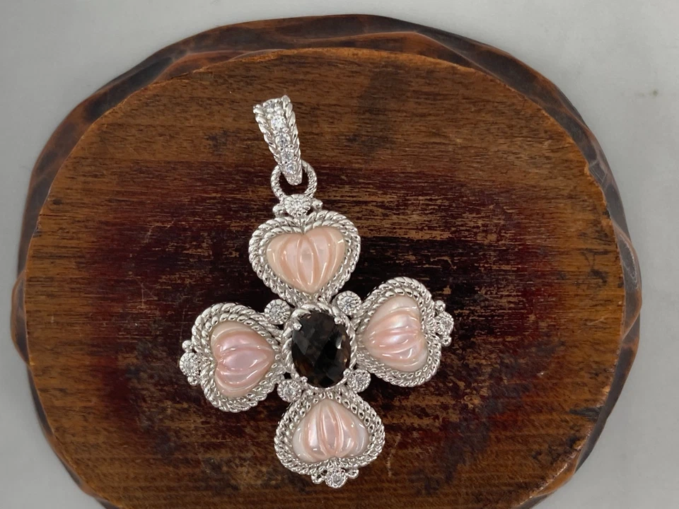 Judith Ripka Pink MOP Smoky Quartz CZ Stones Heart Maltese Cross Charm Pendant - Image 3 of 4