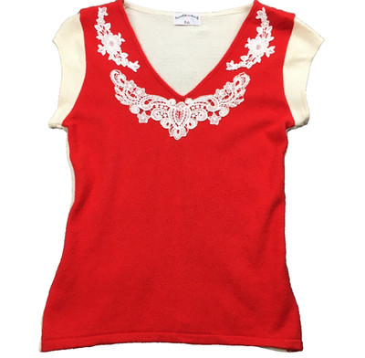 Fils Womens VTG Cashmere Sweater Sz XS Red Ivory V-Neck Fils Handmade Cap Sleeve