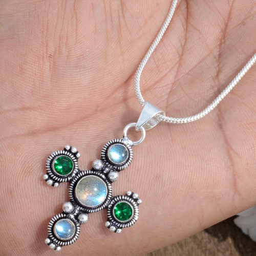 Labradorite Diopside Gemstone Cross 925 Sterling Silver Pretty Looking Pendant - Picture 2 of 10