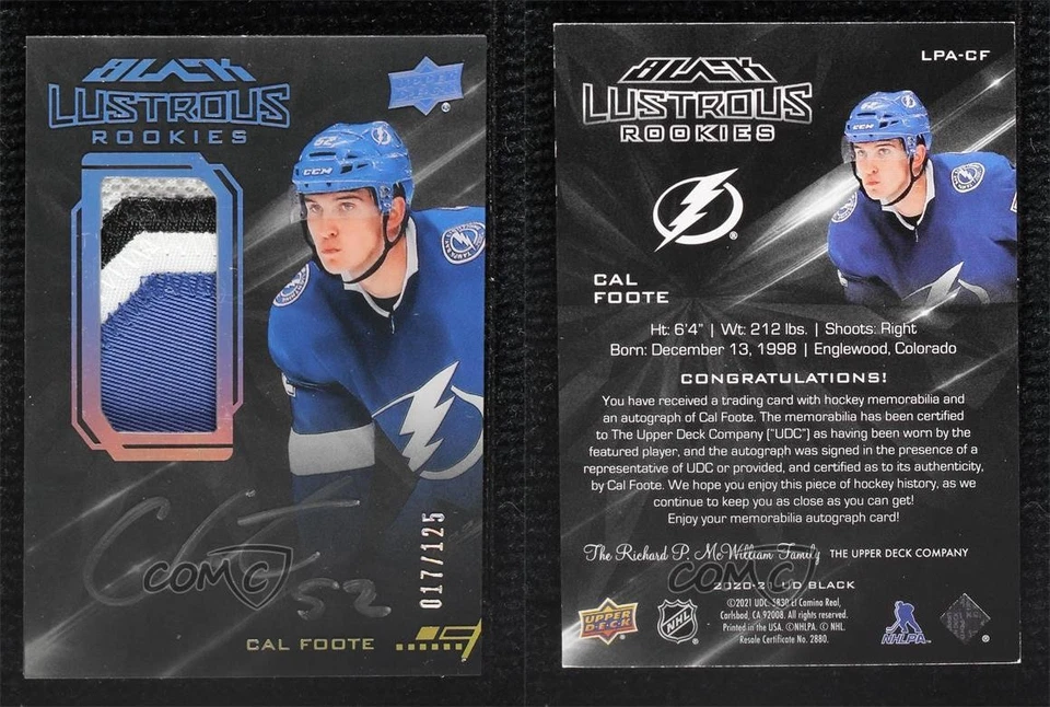 2020 SPx UD Black Lustrous Rookies Tier 1 17/125 Cal Foote RPA Rookie Patch Auto - Image 3 of 3