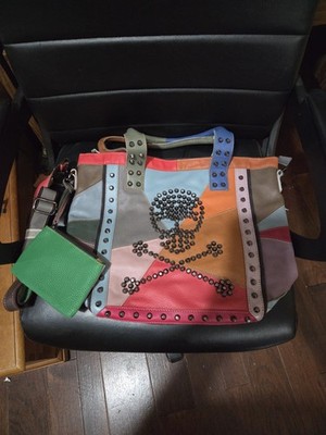Ameri Leather Tote Shoulder Bag  Patchwork Skull Crossbones Studded Colors Purse
