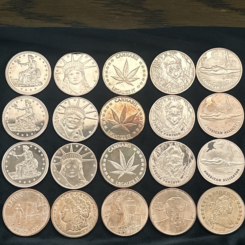 Lot of 20 – 1 oz .999 Fine Copper Rounds – 10 Designs 