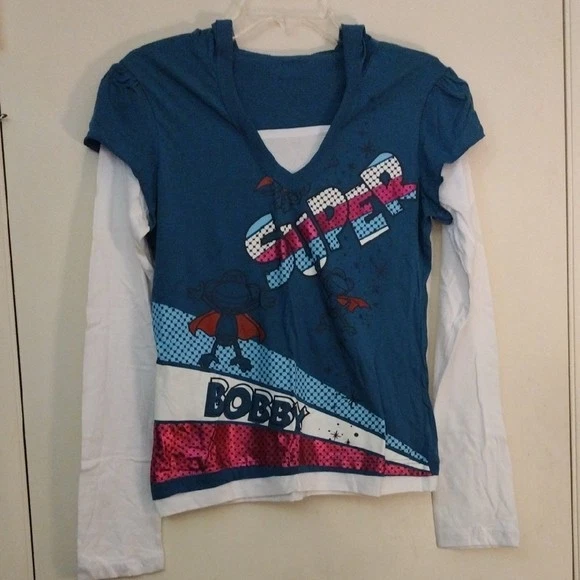 Teens Girls Vintage Rare Hooded Double Slvs Super Bobby Jack Shirt Top Sz 14-16 - Image 4 of 4