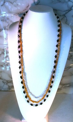 Tan & grey stone chip & black & clear bead set of 3 necklace 34''
