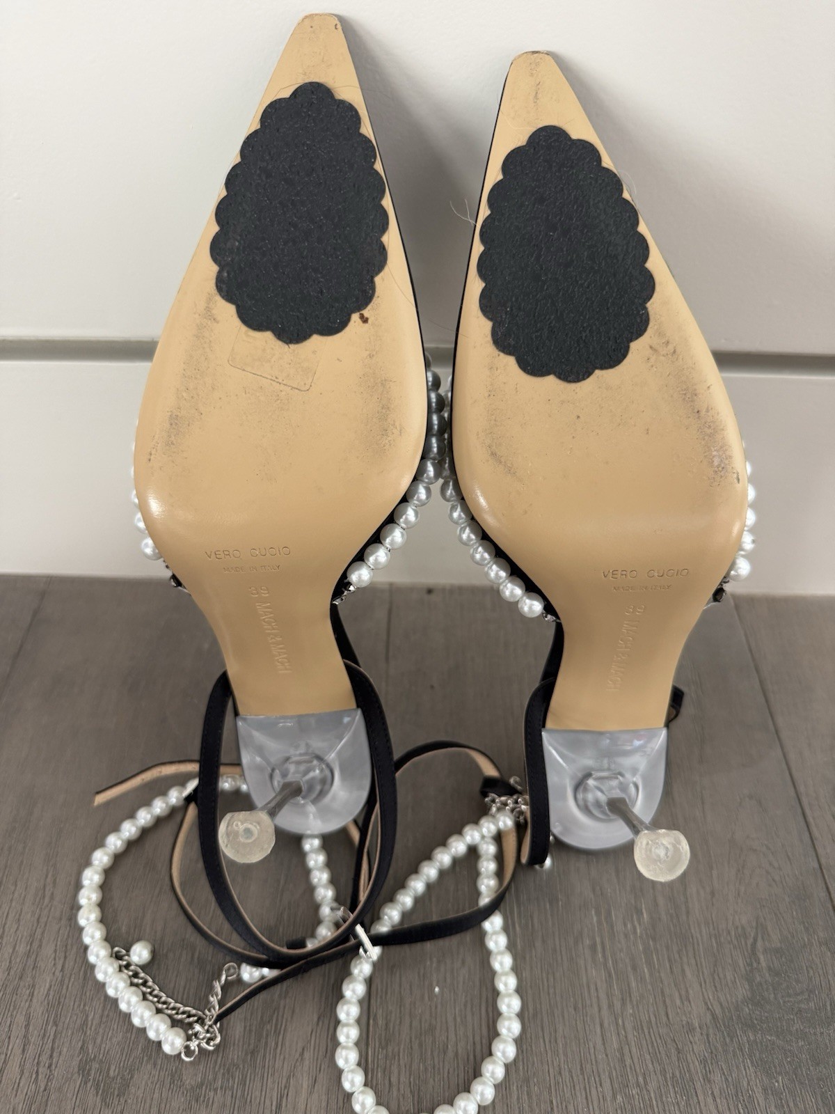 Mach & Mach Black Satin Strappy Heels Pearl Bow Crystal Ankle Strap EU 39 Party