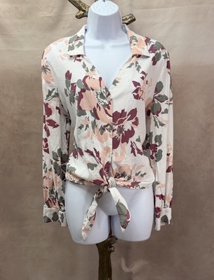 NWT Ellen Tracy Linen White Pink & Rose Floral Waist Tie Blouse Size M