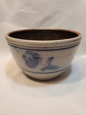 Rowe Pottery Salt Glaze Mixing Serving Bowl Cobalt Blue Flower