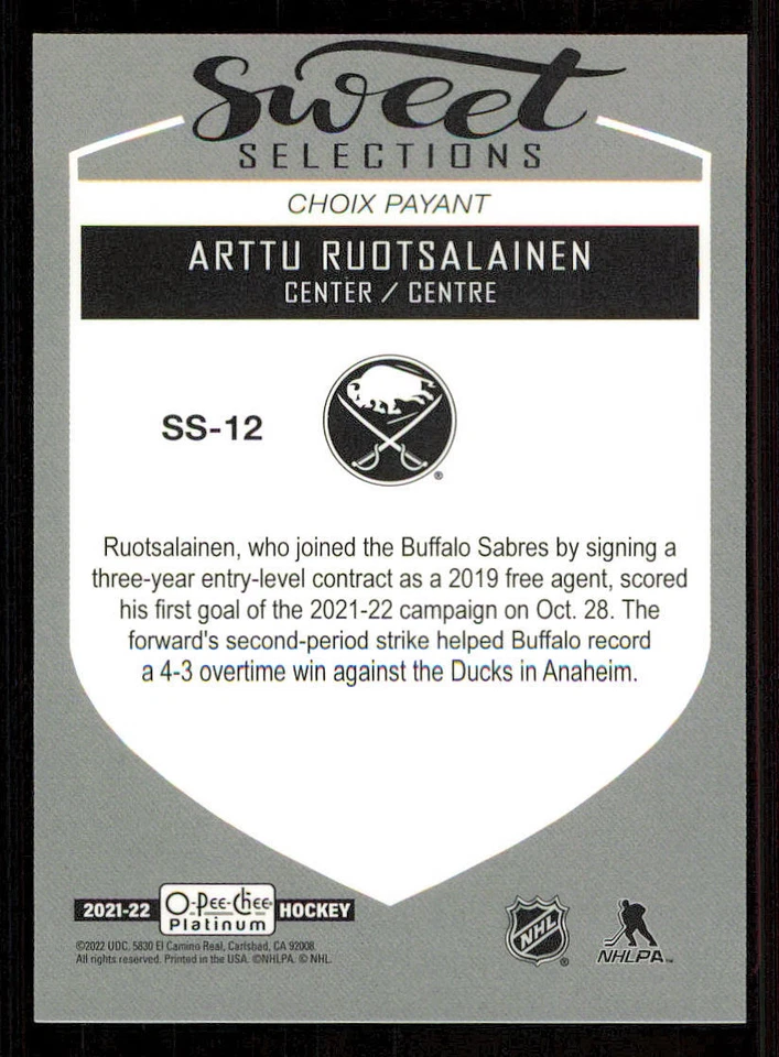 2021-22 O-Pee-Chee Platinum Sweet Selections #SS12 Arttu Ruotsalainen - Image 2 of 2