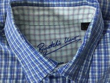 Bugatchi Uomo Shirt Men's L Rayon Poly Blend Flip Cuff Button Up Blue Plaid