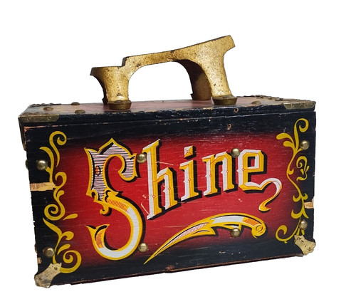 Vintage 5¢ Shoe Shine Box Stand Care Kit w/Brushes Carnival Style Lettering 