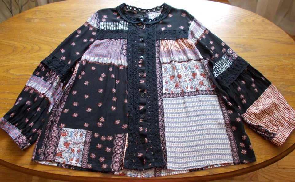 Lucky Brand 女式波西米亚风格衬衫多色黑色蕾丝尺寸 S/P 二手状况完好