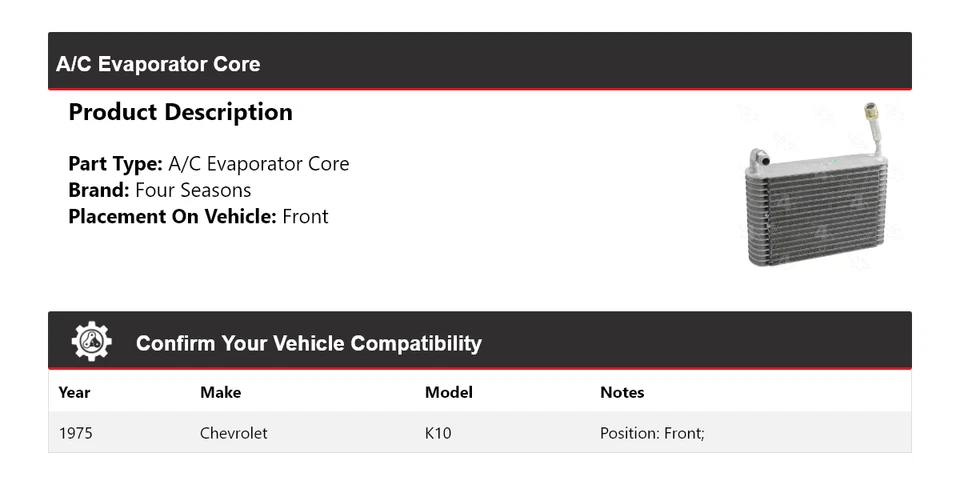 Para Chevrolet K10 1975 A/C evaporador núcleo delantero 4 estaciones Foto 2 de 4