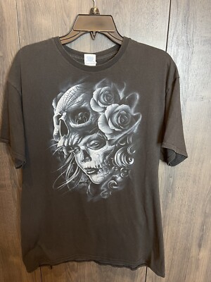 Vintage Y2k Skull Print T Shirt Size Large  Black Short Sleeve Delta Pro