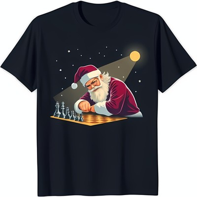 Santa Claus Chess Graphic Black T-Shirt Festive Holiday Design