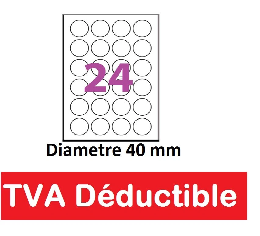 planche de 24 étiquettes autocollantes blanche mat RONDE diamètre 40 mm E3613