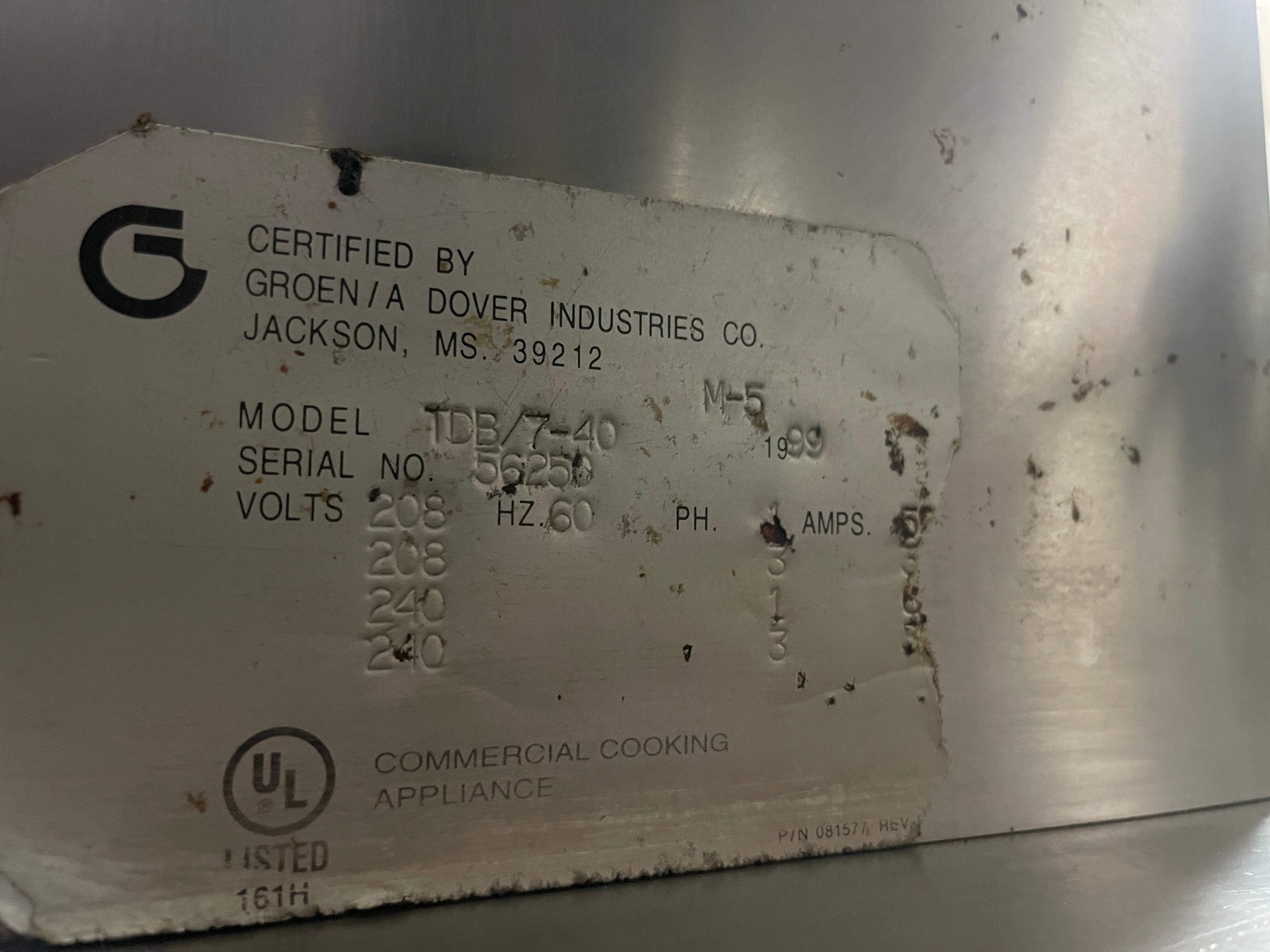 Used Groen TDB/7-40 Electric Tilting Stainless Steel Steam Kettle 40qt 208V 3Ph