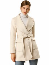 Allegra K Women's Shawl Collar Lapel Winter Belted Coat with Pockets