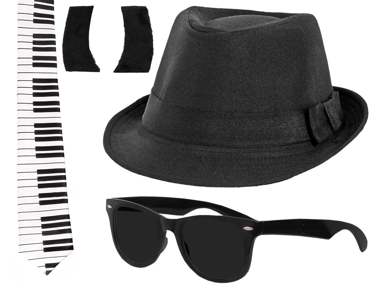 1980'S BLUES FANCY DRESS COSTUME CHOOSE SET HAT GLASSES PIANO TIE SIZES