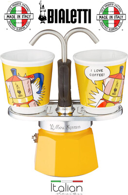 Bialetti Mini Express Lichtenstein Moka Set Coffee Maker 2-Cup 2 shot glasses
