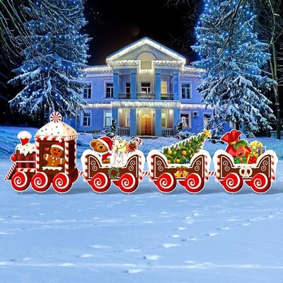  4 Pieces Christmas Train Decorations Outdoor Yard Lawn Signs Warm Style