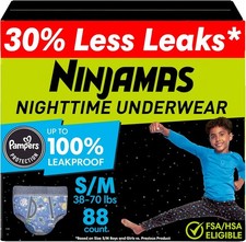 Ninjamas Boys Bedwetting Nighttime Underwear, Size S/M Small/Medium- 88 COUNT 