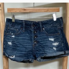 Abercrombie  Fitch Distressed Denim Shorts Dark Wash Button Fly Low Rise Sz 27