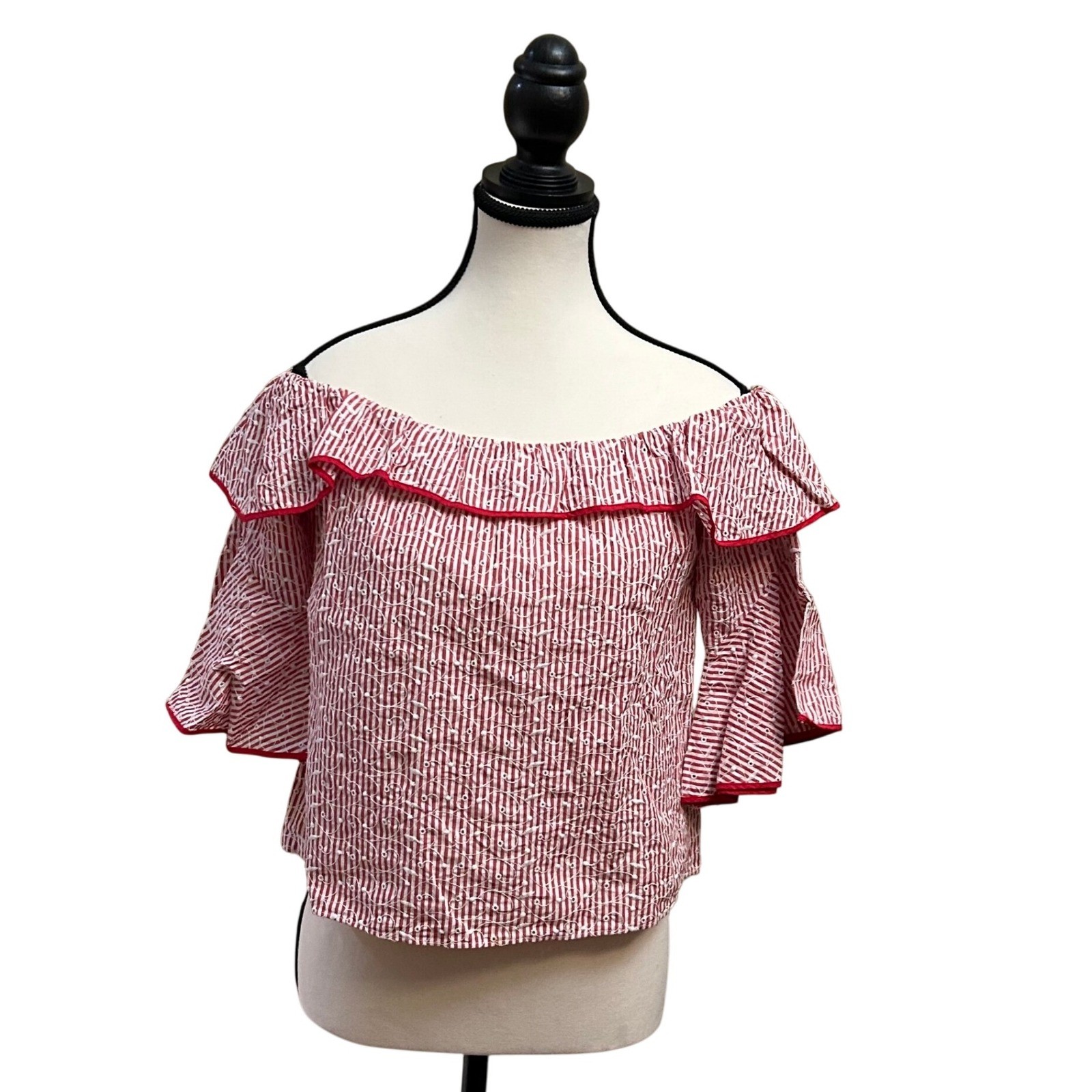 Zara Basic Collection Red Striped Eyelet Off Shou… - image 5