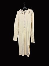 OQQ Cream Half Zip Midi Sweater Dress Polo Collar Side Slit Womens Large Knit