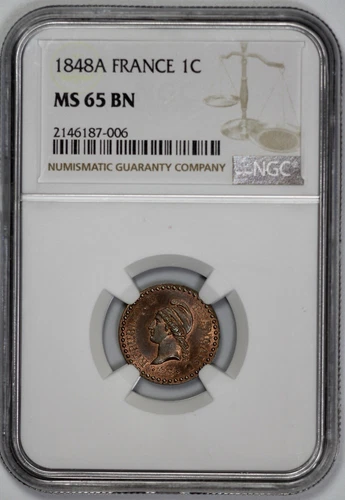 1848-A France 1c Centime NGC MS 65 BN
