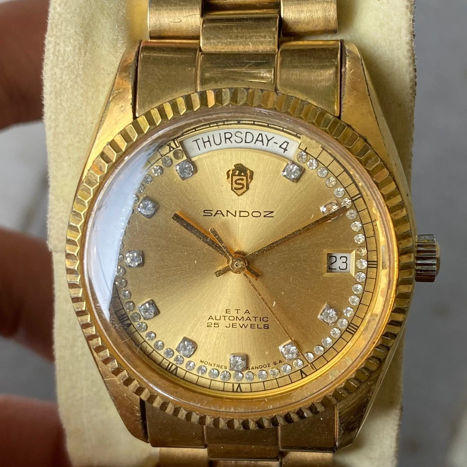 RARO Reloj Sandoz President Automático Índice Diamante Día Fecha Oro Hecho en Suiza Foto 2 de 4