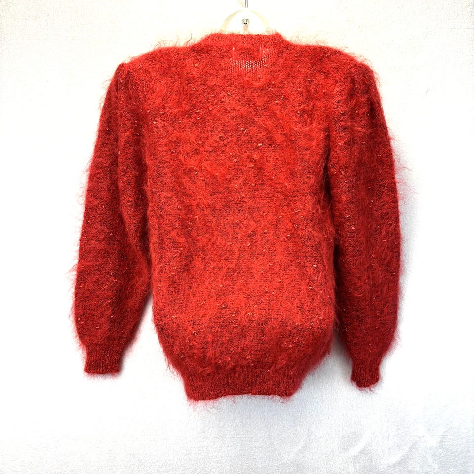 Cárdigan Suéter Vintage Años 80 Carducci Mohair Difuso Mujer Pequeño Rojo Vacaciones Suave Foto 2 de 4
