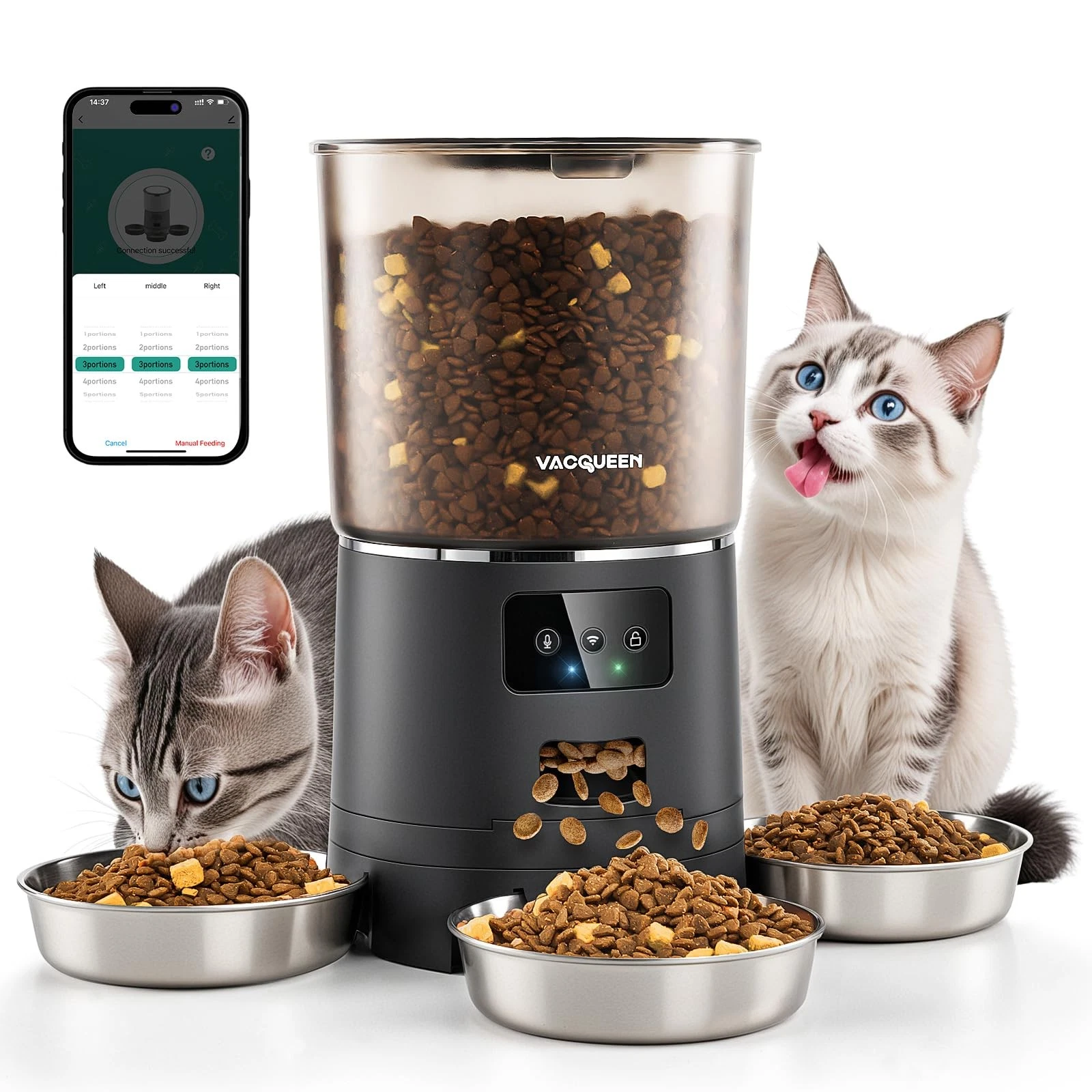 Vacqueen Automatic Cat Feeder for 3 Cats, 6L/25 Cups Smart Cups, Black