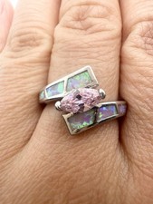 Silver Tone Imitation Opal Pink Cubic Zirconia Ring Size 6