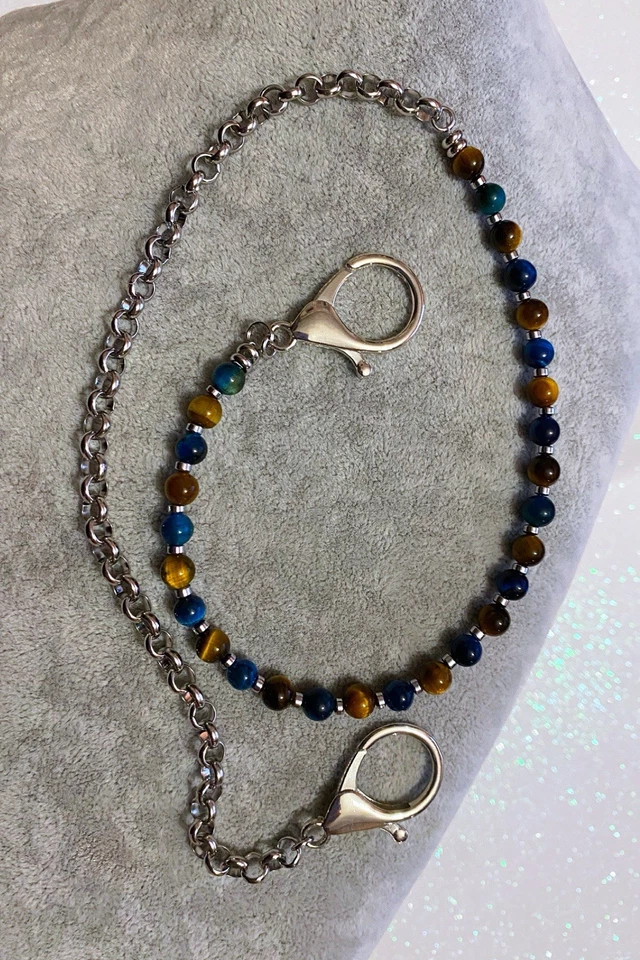 Catena Jeans da Uomo Pantaloni cinta Pietra Naturale Occhio di Tigre Blu 6mm - Immagine 2 di 4