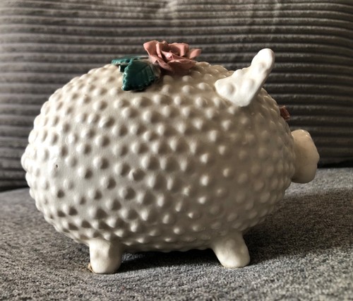 Vintage Lefton White Hobnail Piggy Bank with Pink Rosebuds No Stopper