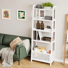 White Bookshelf with Slatted Basket, Ladder Bookcase with 4 Display Shelves a...