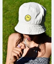 Smiley Face Embroidered Bucket Hat Cotton Beige