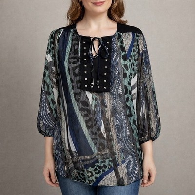 French Blue Tie Keyhole 3/4 Balloon Sleeve Sheer Boho NWT Blouse Size 1X Plus