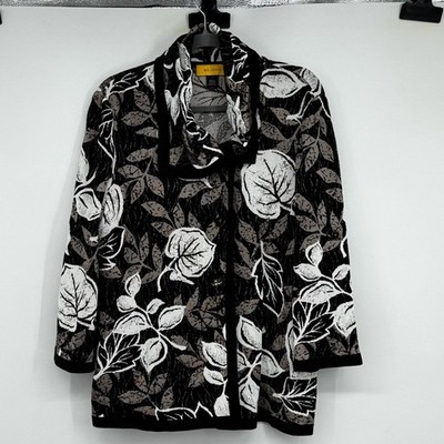 St John 14 Black/Brown/White Leaf Print Rayon/Wool BF Jacket Yellow Label