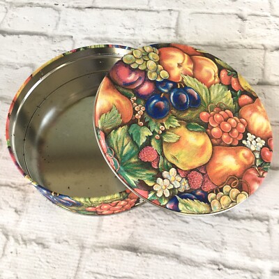 Round Tin Lid 6 1/2  Fresh Fruits Grapes Apples Plums Peaches Raspberries Colors