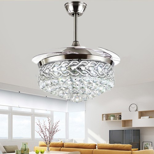 Elegant Sliver Crystal LED Chandelier Remote Invisible Blade Ceiling Fan Light - Picture 11 of 18