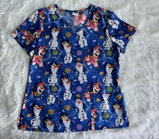 Disney Frozen Women  s Scrub Top Sz Medium Olaf Fall Leaves Nursing Stretch Blue