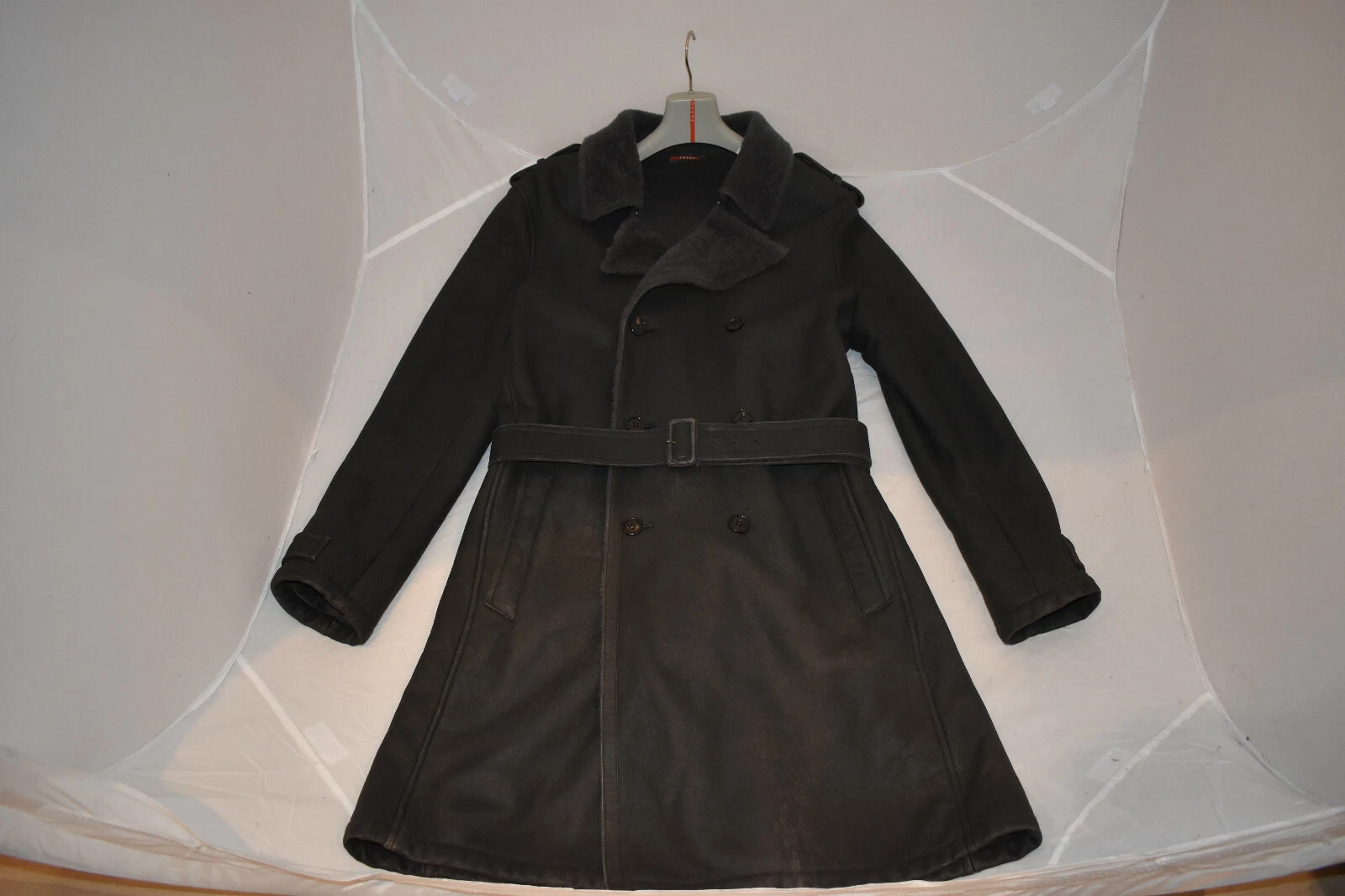 Felpa Lunga Prada Grigio Doppio Petto Cintura Pelle di Pecora ITA 52 Uomo XL