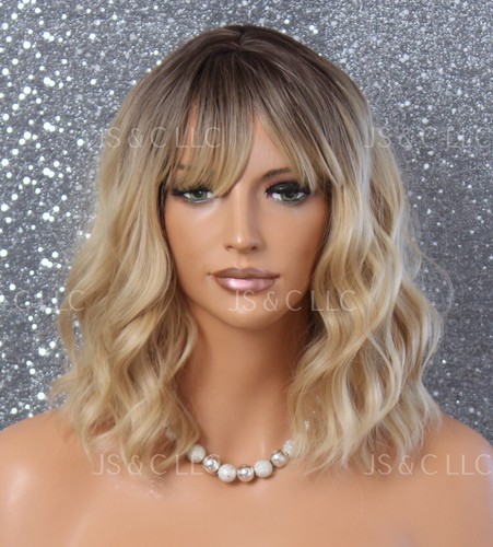 Blonde w Dark Roots Wig Center skin part Full bangs wavy Curly Heat OK Bob style - Picture 2 of 8