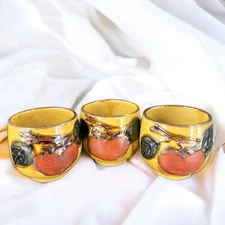 Vintage Japanese Ceramic Porcelain Tea Cup Mug Set 3 With Painted Fruit Speckled