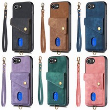For iPhone 16e 2025/16 Pro Max/16 /15 Card Holder Stand Wallet Case with Strap